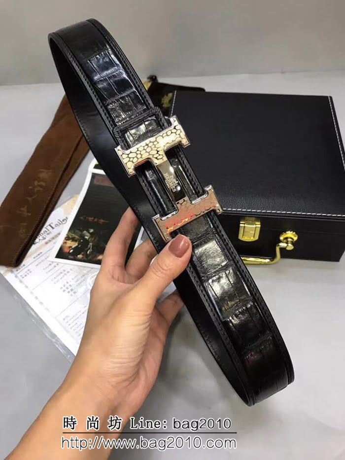 愛馬仕HERMES 2018款 真鱷魚肚皮不拼接皮帶 高端男士皮帶 HHG1315
